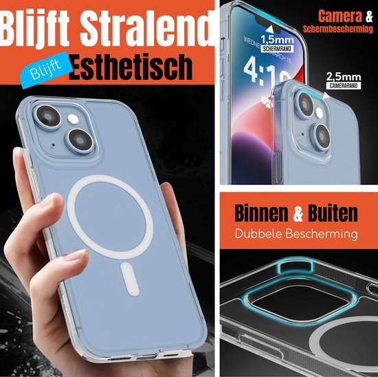 Doorzichtige blauwe iPhone hoes met MagSafe cirkel, hand houdt hoes vast, telefoon met bescherming voor camera en scherm.