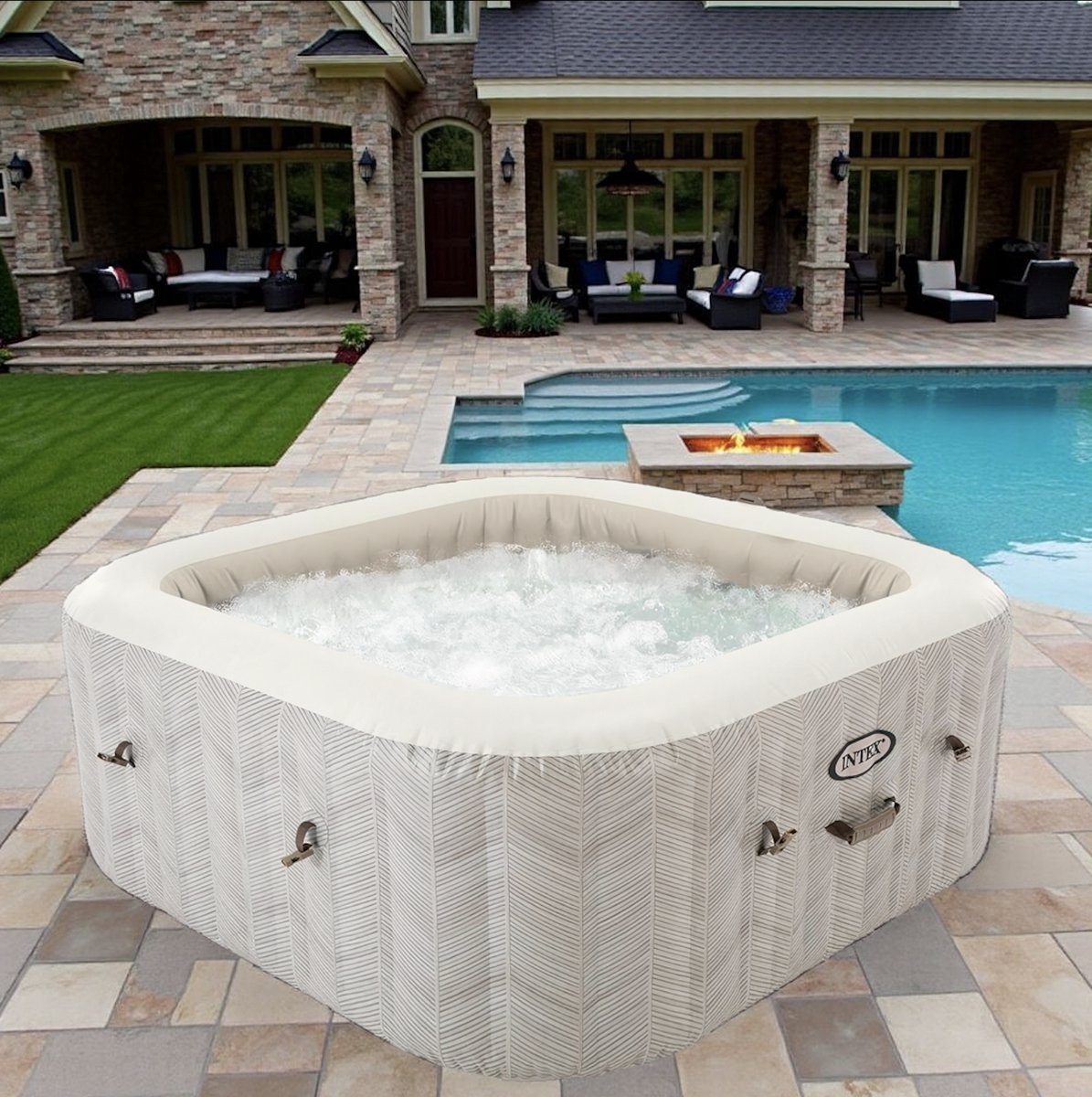 Opblaasbare Jacuzzi voor 4 Personen Luxe – Bubbelbad 140 Jets – 795L – 175x175x71 cm – Zelfopblazend Bubbelbad met Verwarming, Filter & Draadloze Bediening – Voor Tuin & Terras - BubbleZen Square Spa 175