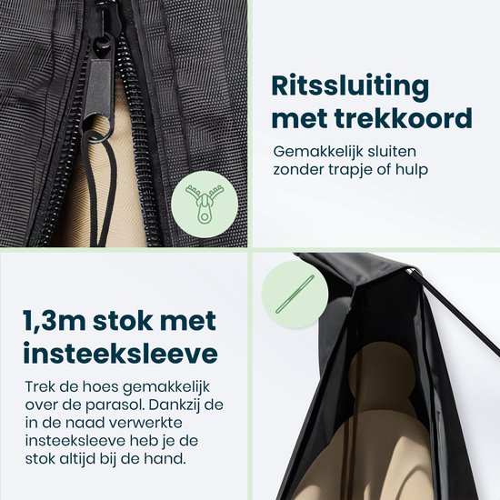 Detail van een zwarte parasolhoes met rits en trekkoord, en een 1,3m stok voor montage.