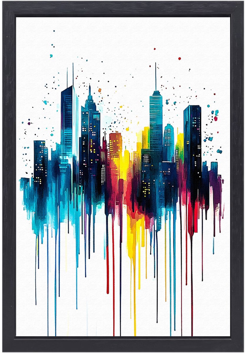 Kleurrijke skyline in abstracte verf - Skyline canvaskunst - Schilderij op canvas stad - Abstract expressionisme - Canvas met baklijst keuken - Muurdecoratie modern - Canvas met baklijst 100x150 cm