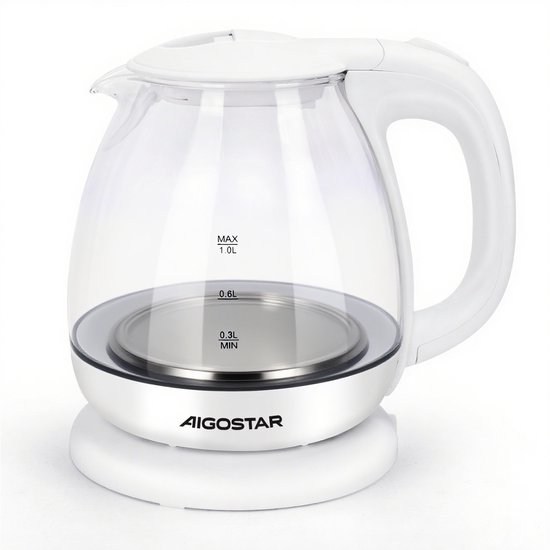 Aigostar Elvin - Glazen waterkoker - Elektrische Waterkoker - 1 Liter inhoud - Blauw LED verlichting - Kleine waterkoker - 2200W