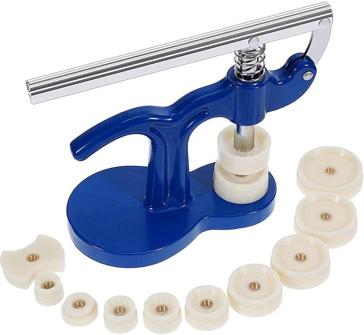Horlogepers - Horlogereparatieset - Horlogeachterkantpers - Glasaccessoire - Professionele reparatietool - Inclusief 12 klik-op-matrijsjes - Voor horloges - Blauw