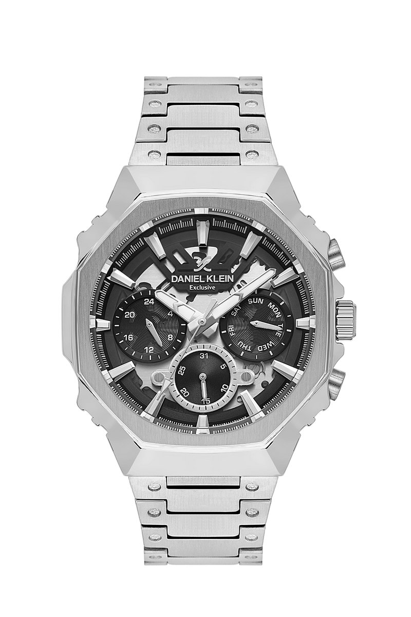 Daniel Klein DK.1.14000-1 - Horloge - Polshorloge - Analoog - Heren- Mannen - Achthoek - Stalen band - Metaal - Datumaanduiding - 24u - Streepjes - Zilverkleurig - Zwart - Wit