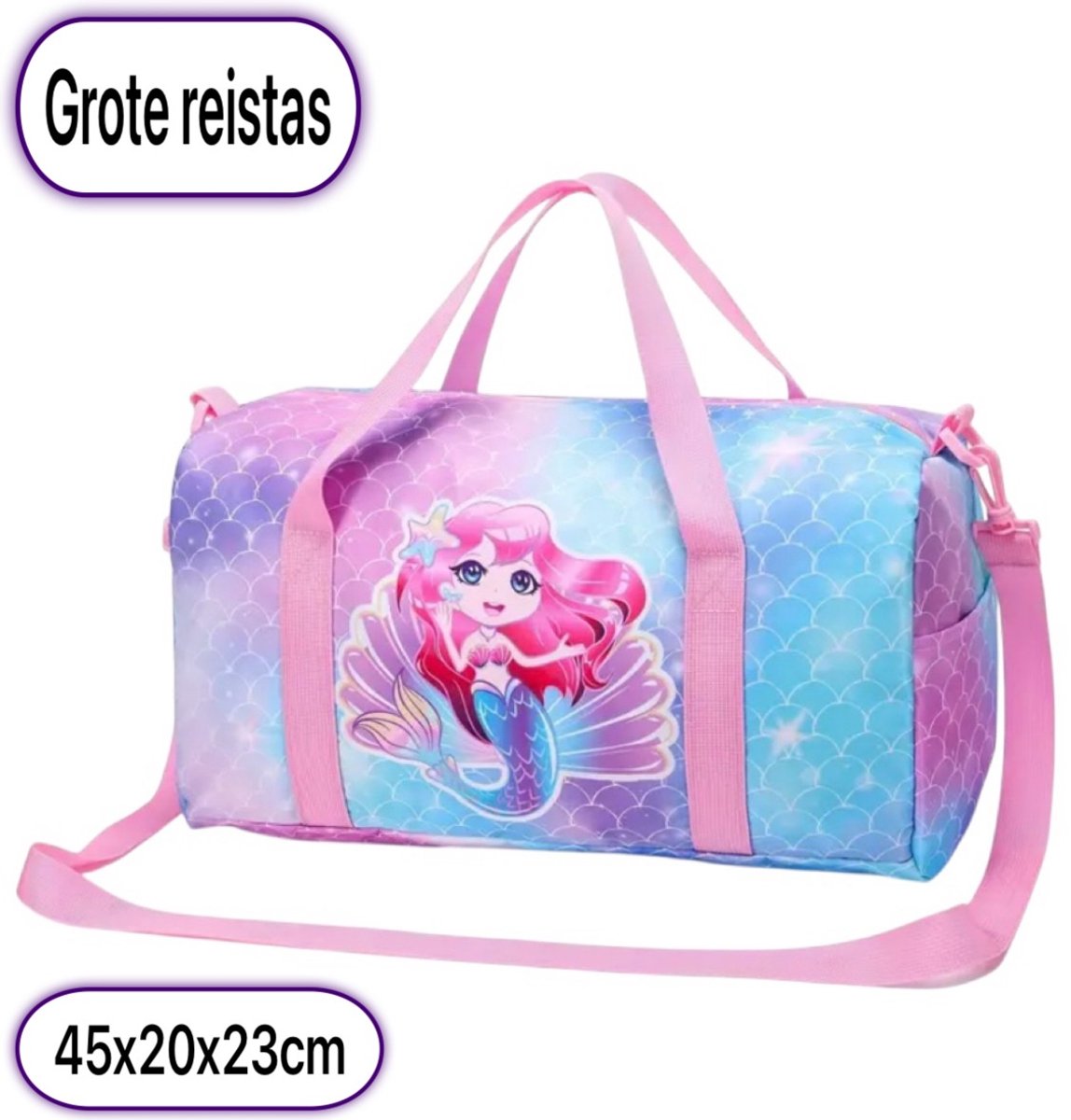 Twenty Two Reistas voor kinderen/meisjes met verstelbare/afneembare riem |grote capaciteit |tas voor reizen-sport-weekendtas | handbagage tas | zeemeermin tas | duffel tas met ritssluiting | reistas met zeemeermin print |45x20x23cm| roze/blauw/paars