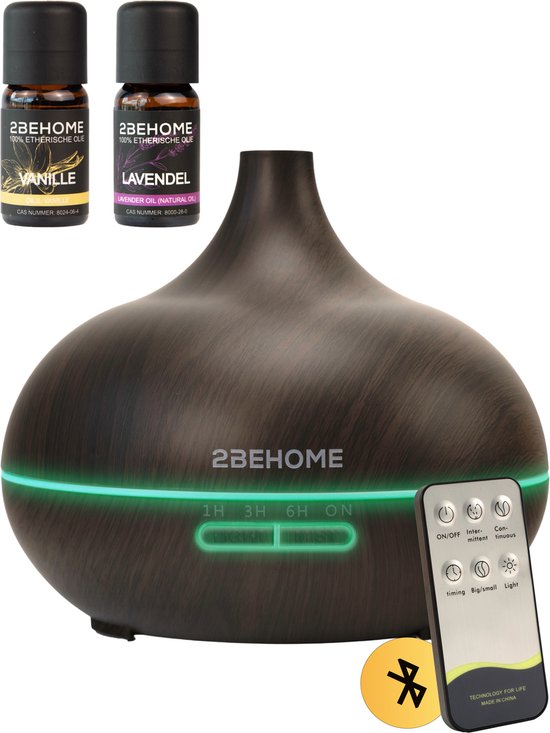 2BEHOME® Aroma Diffuser 550ML met Afstandsbediening - Incl. 2 Etherische Oliën - Donkere houtlook - 7 LED Kleuren - Aromadiffuser Luchtbevochtiger - Geurverspreider - Kerst Cadeau voor Man en Vrouw
