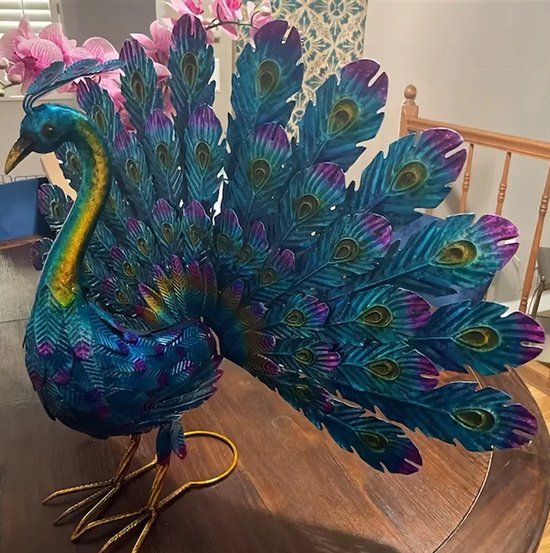 Magnifique figurine de paon de jardin - Statue de jardin - Décoration de jardin - Décoration en métal résistant aux intempéries de 32 cm - Statue de paon en métal - Décoration de jardin - Colorée pour balcon, terrasse, pelouse et cour