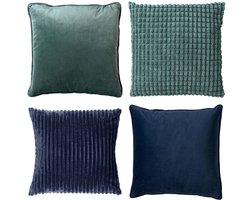 Dutch Decor - KUSSENSET - 4-delig Mixed Textures - 45x45 cm - inclusief binnenkussens - groen, blauw - Met Ritssluiting – Decoratie Kussens - Comfortabele kussentjes voor op de Bank
