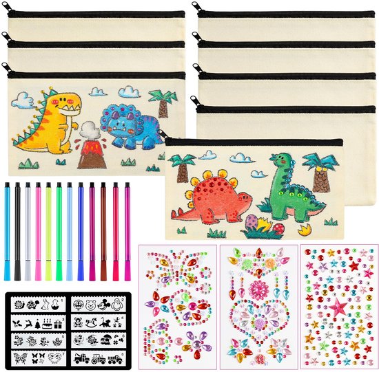 8 stoffen tassen om te schilderen voor kinderen, etuis om te schilderen met 4 sjablonen en 4 kleurpotloden voor schminkzakken, etuis, schrijfwaren voor op reis (21 x 12 cm