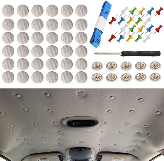 Vue de dessus de 30 capuchons en tissu beige, 20 punaises colorées, 1 mètre ruban, tournevis et 8 boutons-pression. Photo du bas d'un ciel de voiture avec des points de fixation.