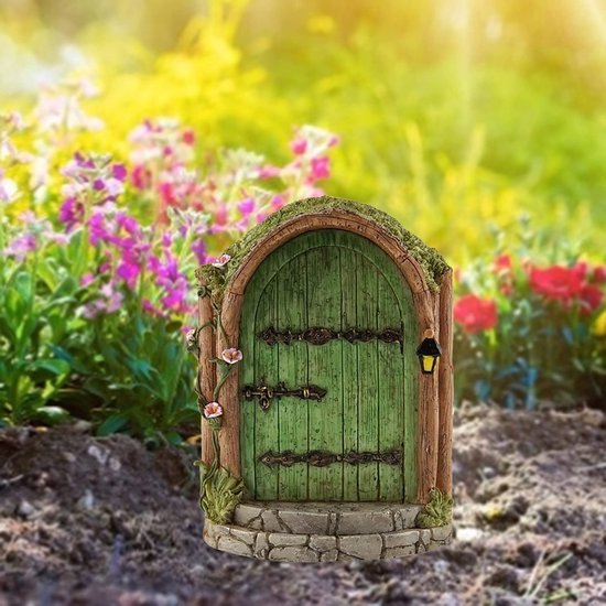 Fairy deurcabine, set van 4 tuinornamenten, kabouter voor thuis raam en deur met feeënlantaarn, miniatuur glow in the dark mystieke sculpturen voor boomstamtuin (zoals afgebeeld