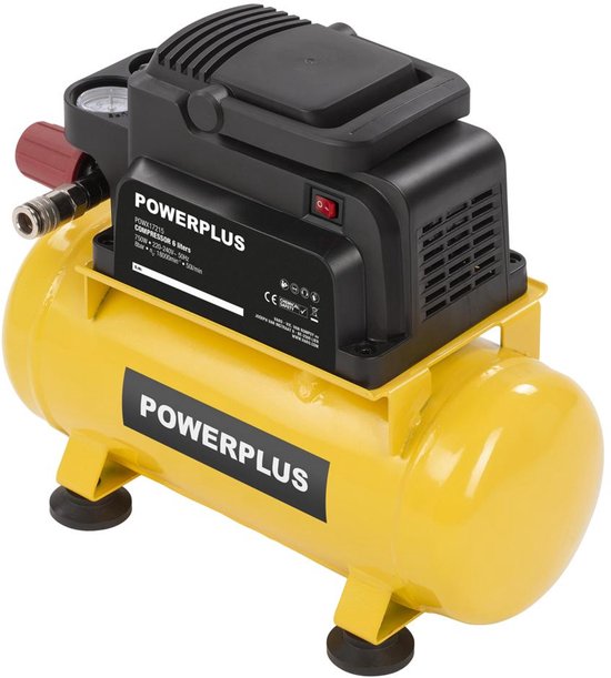 Gele Powerplus compressor met zwarte bovenkant. 750W, 6L tank.