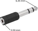 6.35mm naar 3.5mm audio adapter, zilverkleurig met zwart handvat, met afmetingen aangegeven.