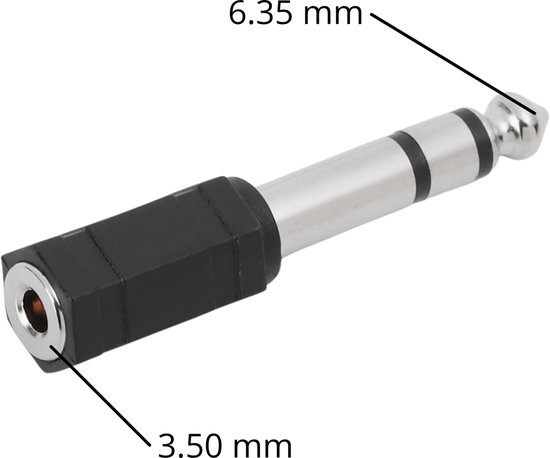 6.35mm naar 3.5mm audio adapter, zilverkleurig met zwart handvat, met afmetingen aangegeven.