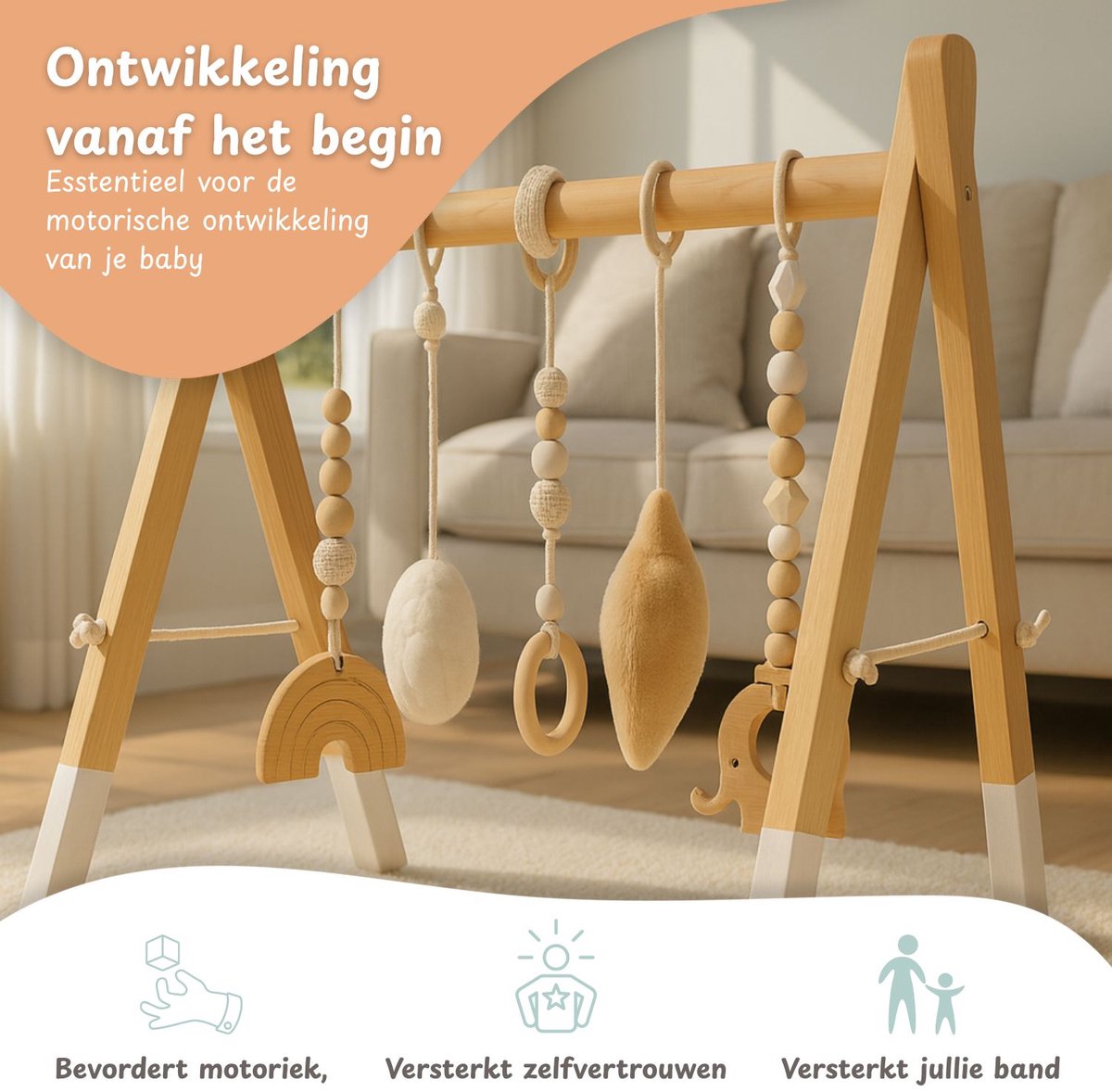Maxx Kidz Houten Babygym - Stevige & Veilige Constructie van Hout - Speelgoed voor Baby van 6 maanden - Gym met 5 hangers — afbeelding 4