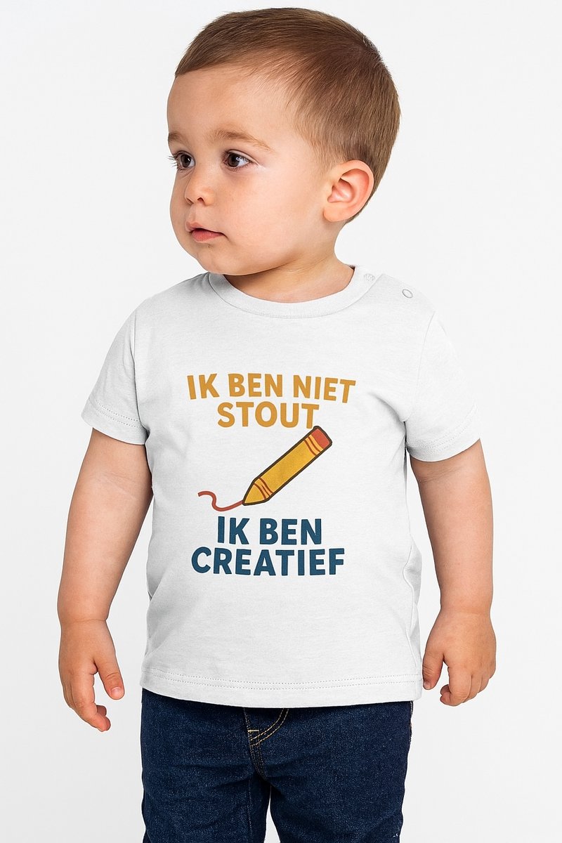 Baby T-Shirt “Ik ben niet stout, ik ben creatief” – Wit – Unisex Shirtje 0-6 Maanden – Schattige Tekstopdruk & Comfort