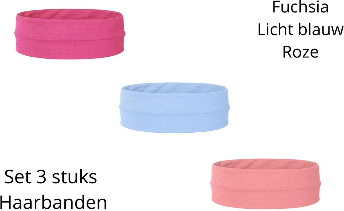Set Basic haarbanden - elastiek - 3 stuks - Fuchsia, Licht blauw, Roze