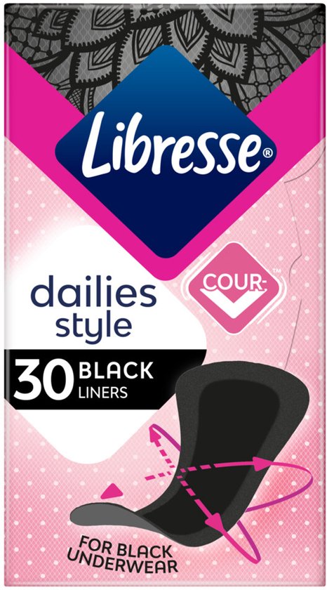 Libresse Dailies Style 30 zwarte inlegkruisjes, voor zwart ondergoed.