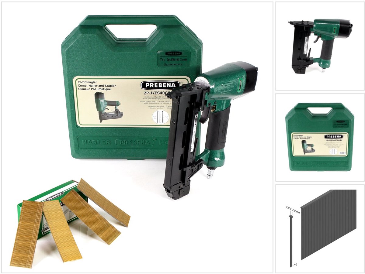 Prebena persluchtnagelmachine 2P-J/ES 40 COMBI 5 tot 7 bar - in transportkoffer + Prebena J 40 CNKHA krimpkopnagels Brads 40 mm 5000 stuks