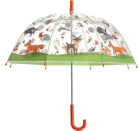 Transparante kinderparaplu met een vrolijke print van bosdieren, zoals herten, vossen en dassen. Groene rand en oranje handvat.