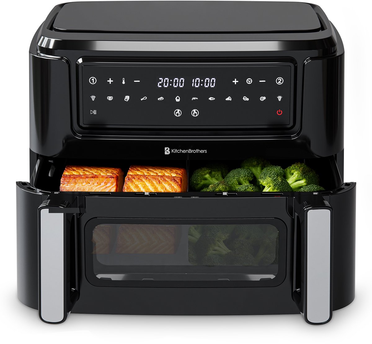 KitchenBrothers Dubbele Airfryer - 2400W - Dual Zone - 9L - Snackverdeler - Heteluchtfriteuse - Airfryer XXL - 10 Kookprogramma's - Zwart - KitchenBrothers - €94,99