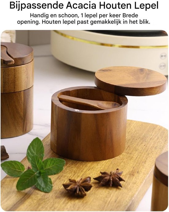 jalz jalz Zoutpot marmer met houten deksel en lepel, wit