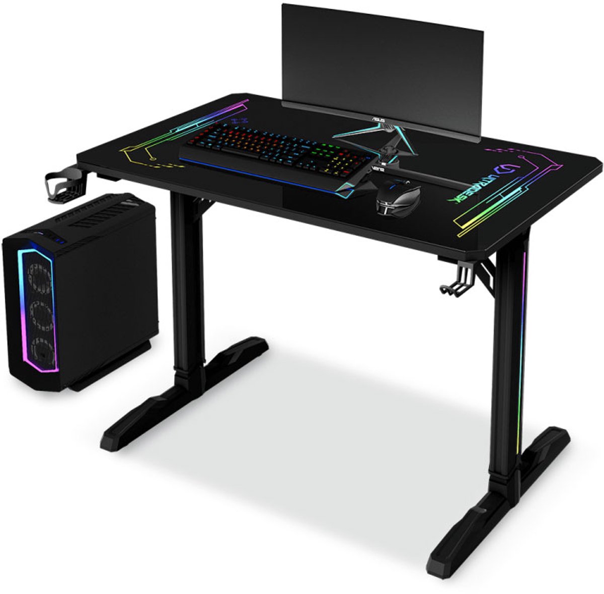 Ultradesk FREEZE V2 – Gamingbureau met ULTRA-GLASS Blad – RGB Prismatic Verlichting – Ergonomisch & Stabiel – Zwart – Voor Gaming, Werk & Studie