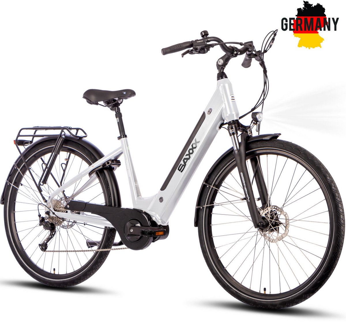 SAXXX Deluxe Sport - Elektrische Fiets - 95% Vooraf Geassembleerd Stadsfiets - 418Wh Verwijderbare Accu - 100 km Actieradius - Middenmotor 250W - 28" Wielen - Shimano Alivio 9 Versnellingen - Hydraulische Schijfremmen - Alu - Wit