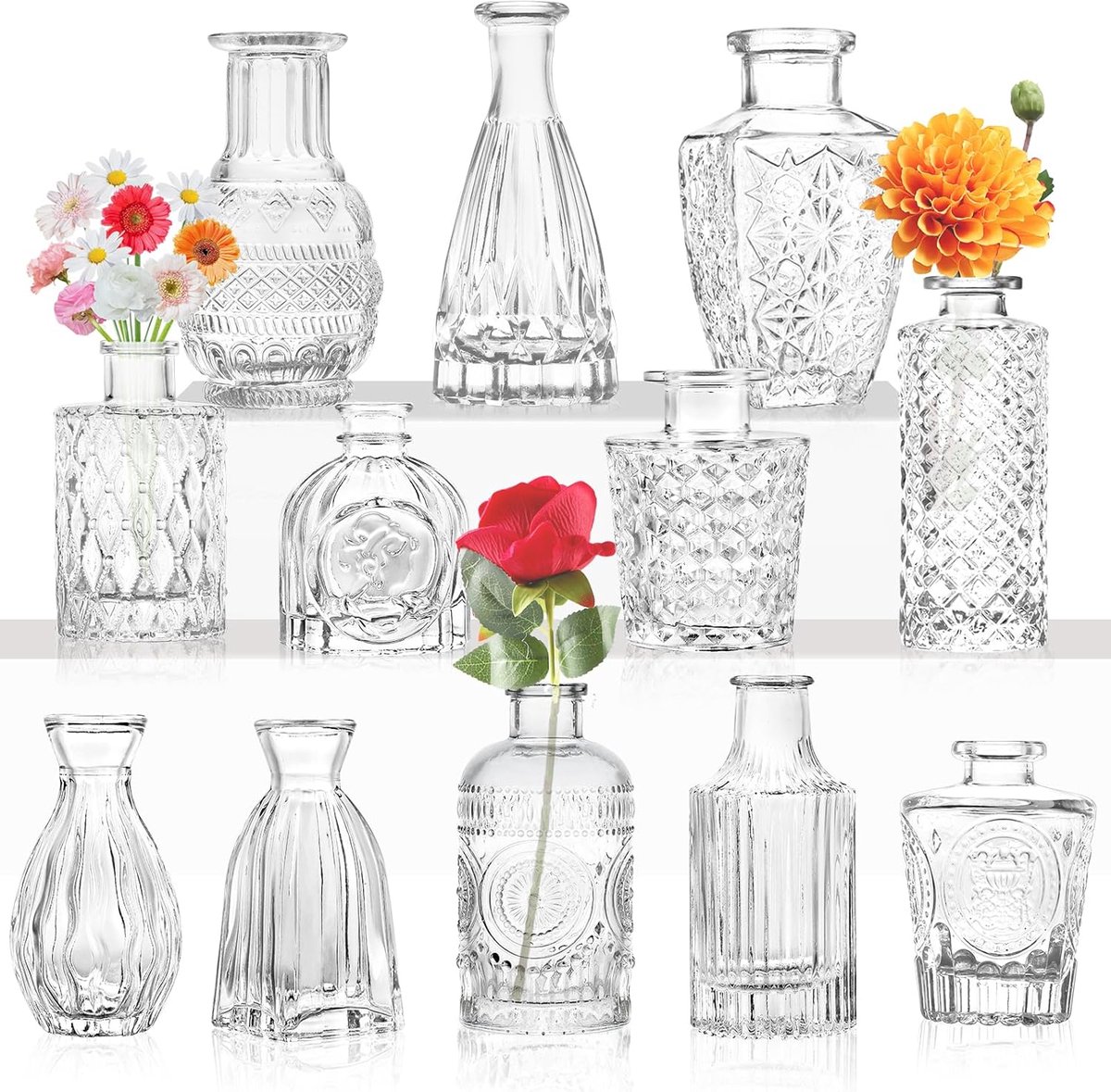 Famanu - Glazen knopvaas – kleine vazen voor bloemen, heldere knopvazen in bulk, voor tafelstukken, mini vintage vaas voor bruiloft thuis tafeldecoratie (12 stuks)