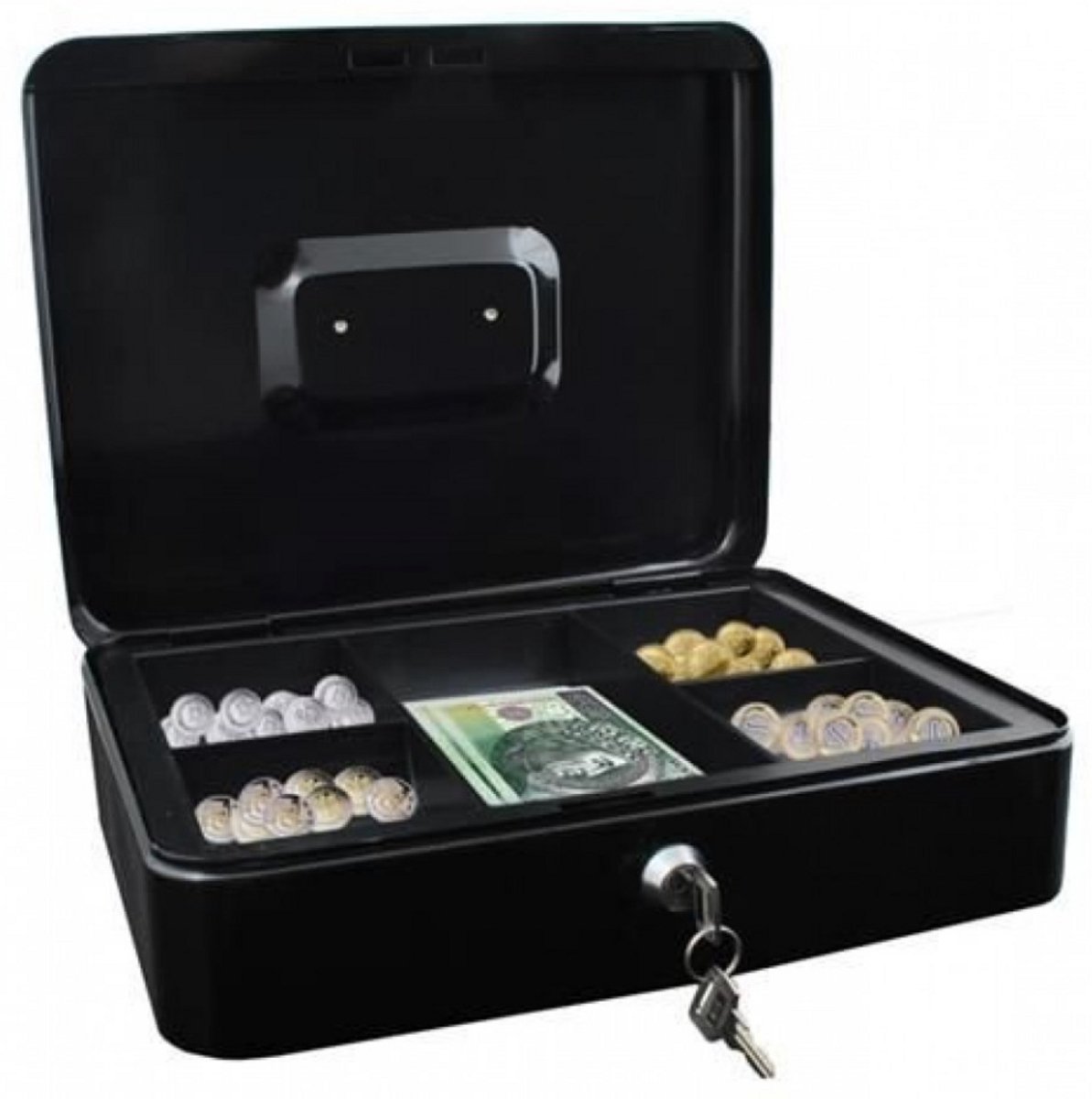 Geldkist - Metalen Geldkistje 30 x 24 x 9 cm - Met Muntsorteerder - Met sleutel - Metalen Geldkluisje – Geldkist - Kassa lade – Geldlade Money Box – Spaarpot Volwassenen – Kluisjes Jongen Meisje Kinderen – Kluis Geldkistjes - Zwart (30cm)