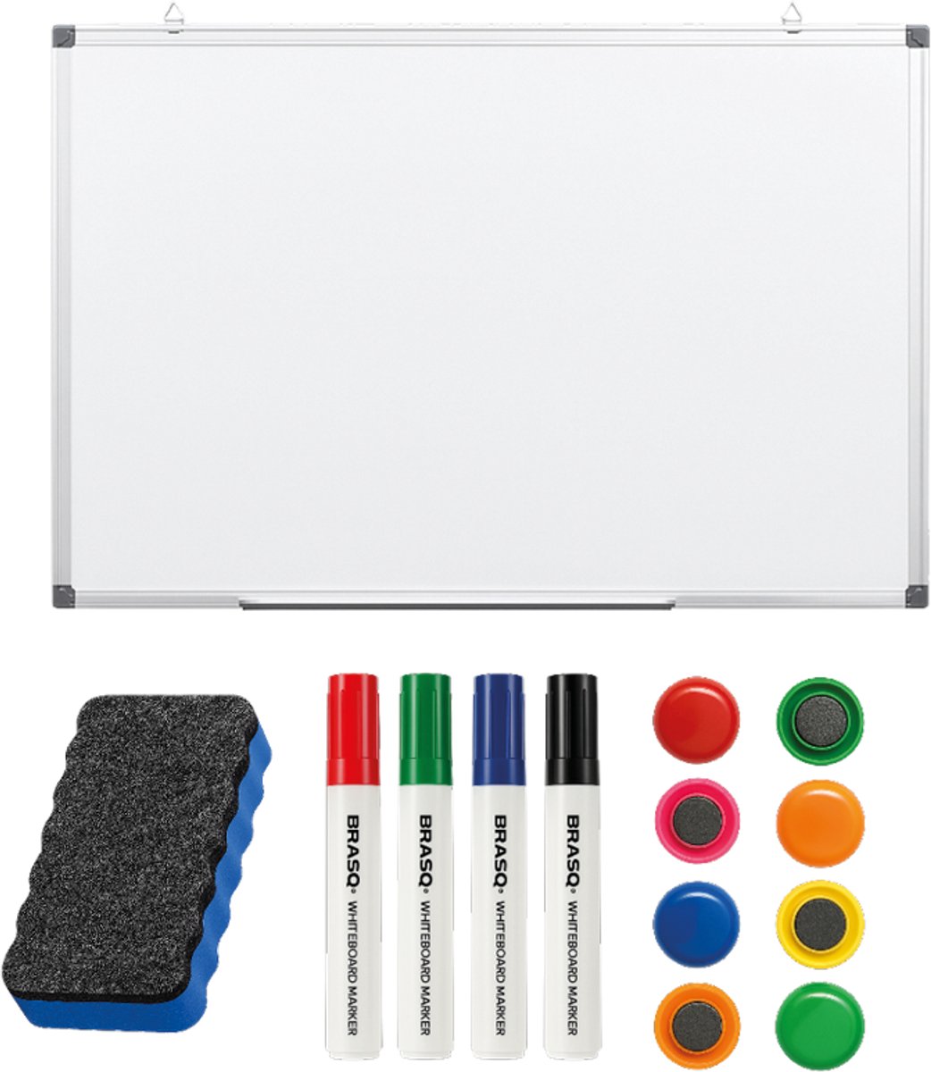 BRASQ Whiteboard 60×45 cm magnetisch – met accessoires set (markers, wisser, magneten) - Schoolbord - Magneetbord – Wit