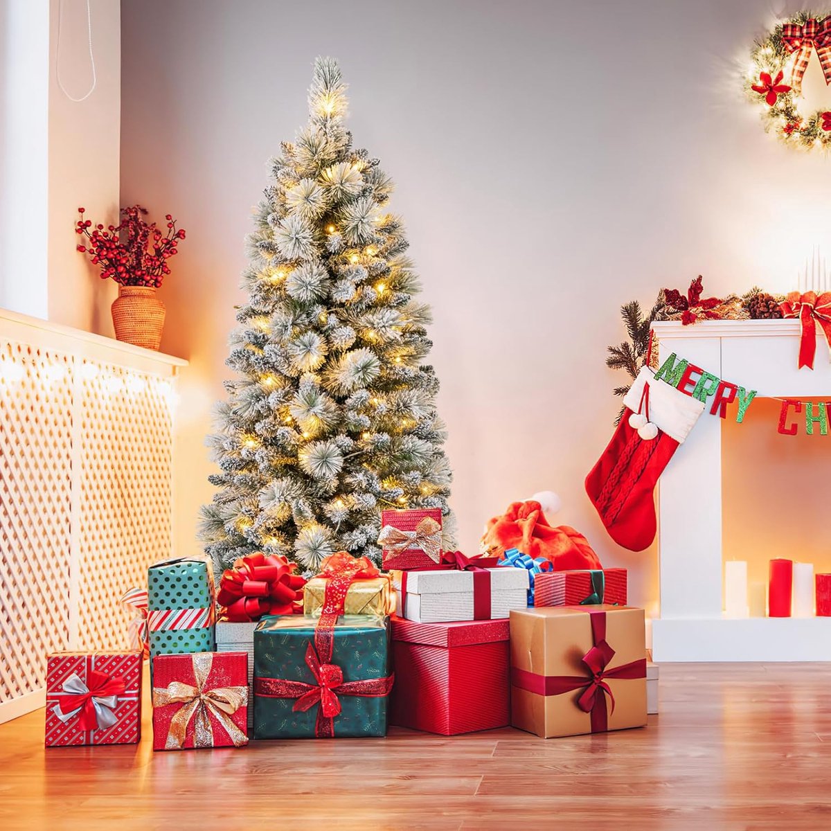 COSTWAY Kunstkerstboom met verlichting, 180 cm, pop-up dennenboom met 170 warmwitte ledlampen en 517 takuiteinden, gevlokte kerstboom, kunstboom voor thuis, bedrijf en kantoor