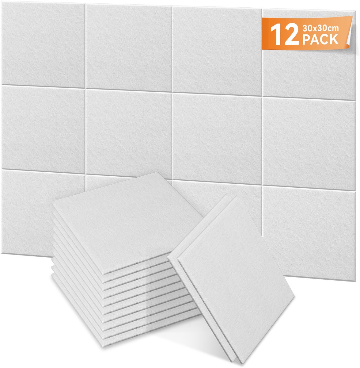 Aufun Plat vierkant Akoestische Panelen, Zelfklevende Wandbekleding (Wit, 12 Strips)