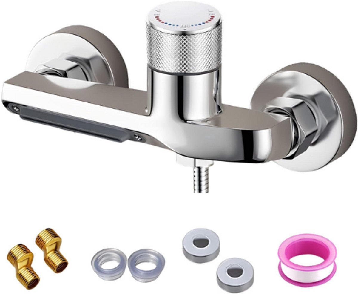 Thuys – Douchekraan Met Thermostaat – Douchethermostaat Met Veiligheidsknop – Badkraan Met Watervaluitloop – Zilver