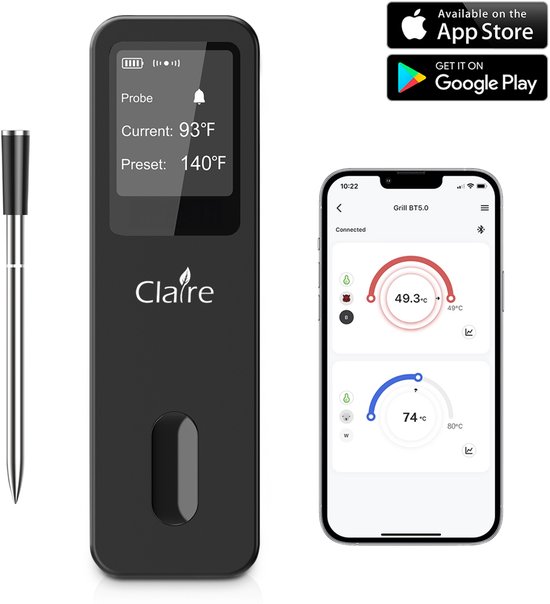Zwarte Claire thermometer met digitale weergave en een smartphone met de Claire app.