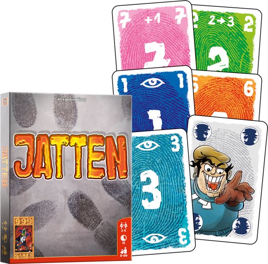 Speldoos van Jatten met een stapel speelkaarten met cijfers, vingerafdrukken en een figuur.