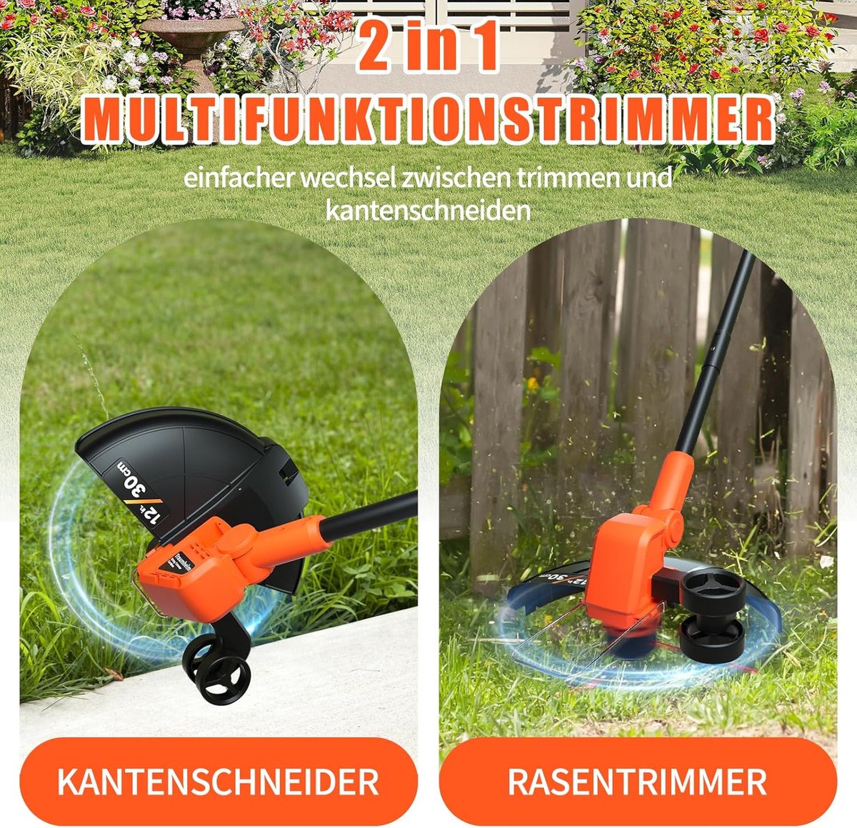 Traumheim Accu Grastrimmer met 2x Accus en Oplader - 30 cm 2-in-1 Graskantensnijder|Bosmaaier - Automatische Draadaanvoer - Elektrisch Grasmaaier - 6 Draadspoelen. – foto 2