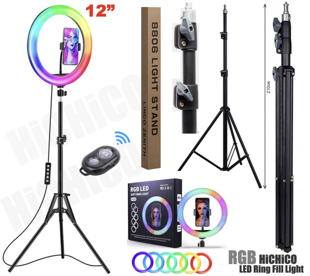 HiCHiCO® Ringlamp RGB MJ33 12inch - Verstelbaar statief 210cm & afstandsbediening - Studiolamp – Ring Light - Selfie Ringlight voor Telefoon - Statief - Tik tok - flitser – Make up light – Studiolamp