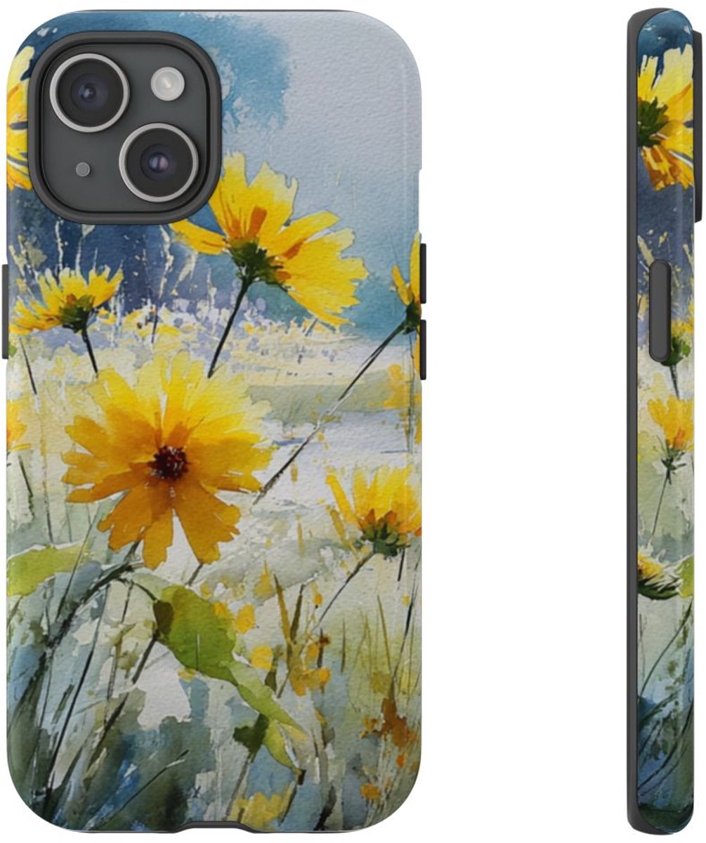 Gele Zonnebloemen in Pastelkleurig Landschap – Telefoonhoesje Geschikt voor iPhone 15