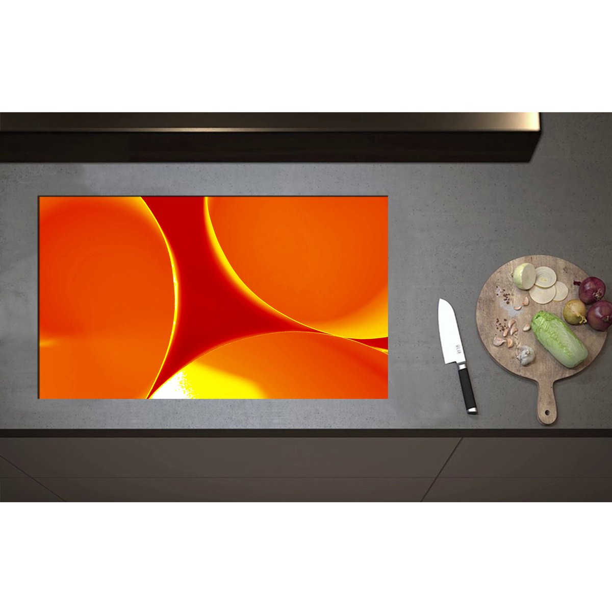 Inductieplaat Beschermer - Abstract - Achtegrond - Rondjes - Cirkels - Rood - Oranje - Geel - 85x50 cm - 2 mm Dik - Inductie Beschermer - Bescherming Inductiekookplaat - Kookplaat Beschermer van Wit Vinyl