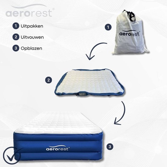 Matelas pneumatique AeroRest Cloud Top pour 2 personnes | 210 cm de longueur | Surmatelas amovible | Avec pompe intégrée | Sac de transport inclus |