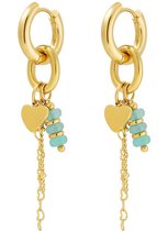 Joy Ibiza - boucles d'oreilles charm coeur - boucles d'oreilles avec pendentif coeur et chaînes - perles bleu turquoise - charnière pliante - ear party boho - style bohème - acier inoxydable - plaqué or IP/PVD