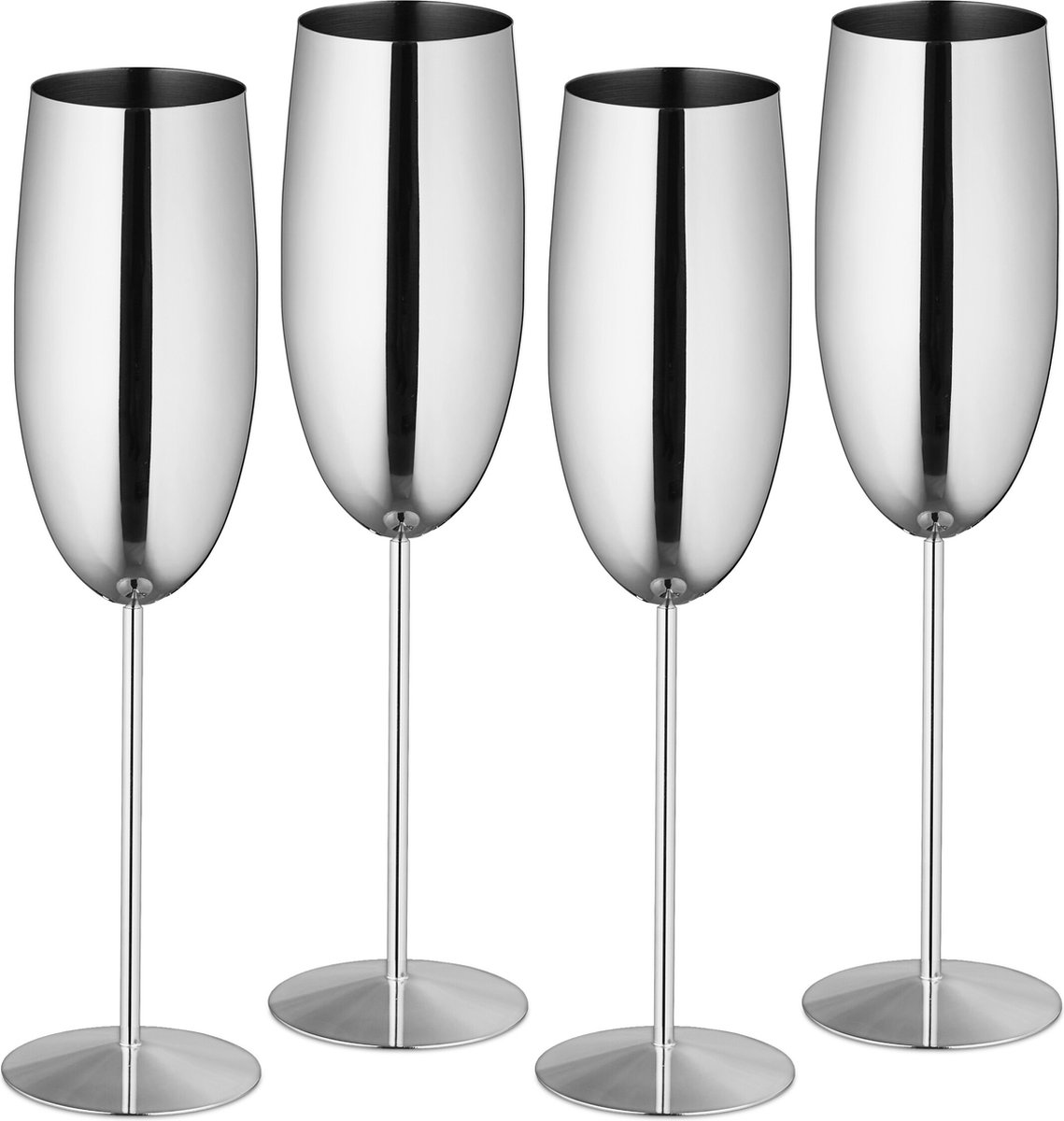 Relaxdays champagneglazen rvs set van 4 onbreekbaar hebruikbare champagneflûtes zilver