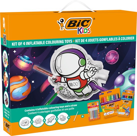 BIC Kids - Coffret de coloriage avec jouets gonflables motif espace - Set de 34 pièces - 12 crayons Evolution & 12 feutres Kid Couleur & 6 colle pailletée & 4 jouets gonflables
