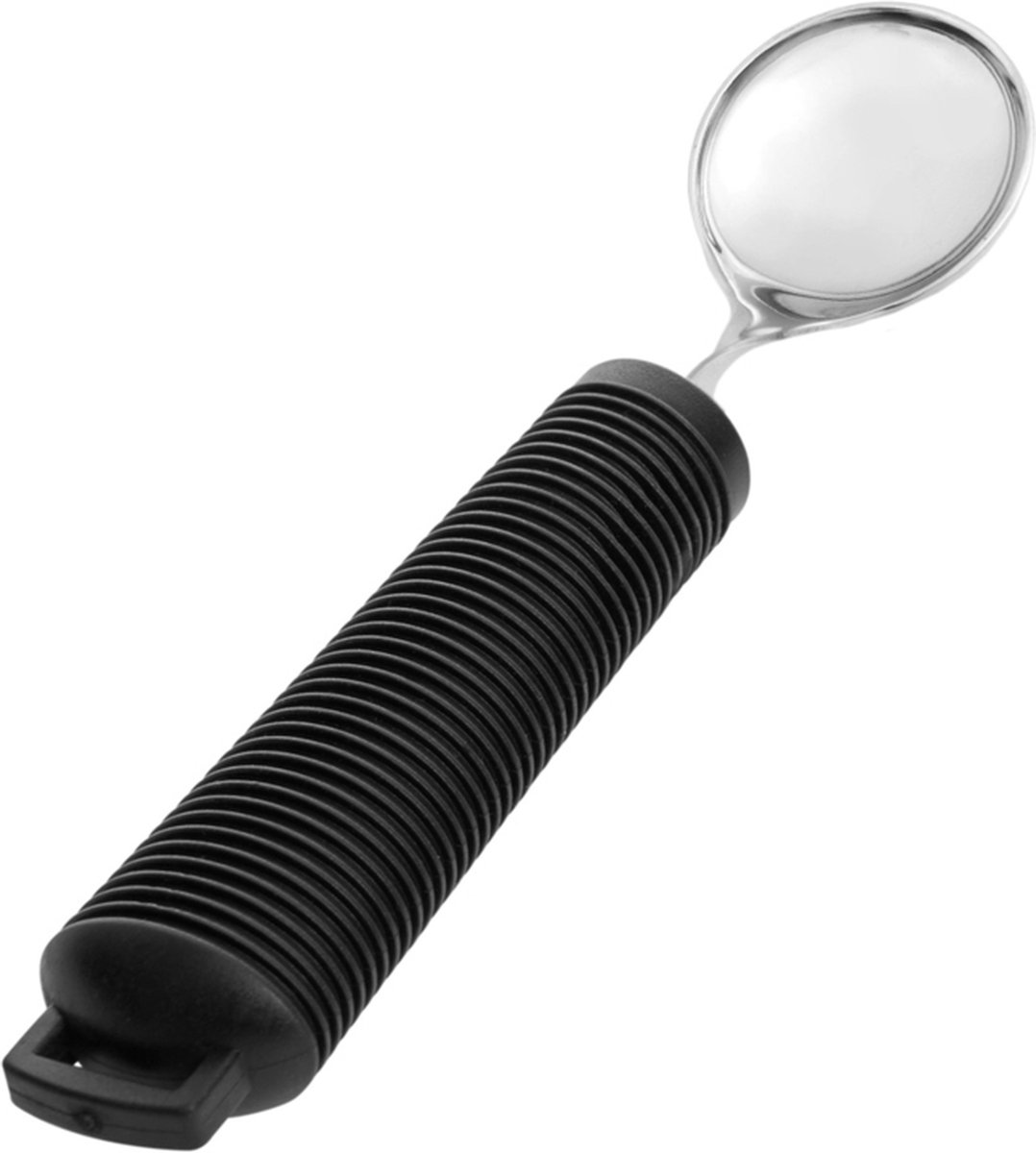Aangepast dik bestek, Soeplepel. Verdikt handvat met soft grip. Buigzaam / Buigbaar. Zwart