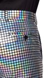 Broek met vierkante, zilverkleurige pailletten en een zwarte knoop op de achterzak.