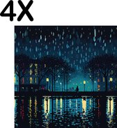 BWK Textiele Placemat - Regenachtige Nacht - Skyline - Illustratie - Set van 4 Placemats - 40x40 cm - Polyester Stof - Afneembaar