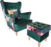 Lounge fauteuil met voetsteun - fauteuil + poef 40x40 + kussen - groen + patroon - Maxi Maja