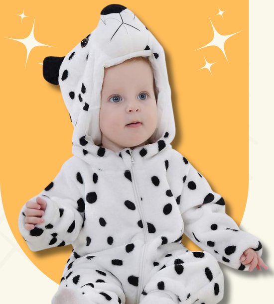 BoefieBoef Dalmatiër Hond Dieren Onesie & Pyjama voor Baby & Dreumes en Peuter tm 18 maanden - Kinder Verkleedkleding - Dieren Kostuum Pak - Zwart Wit
