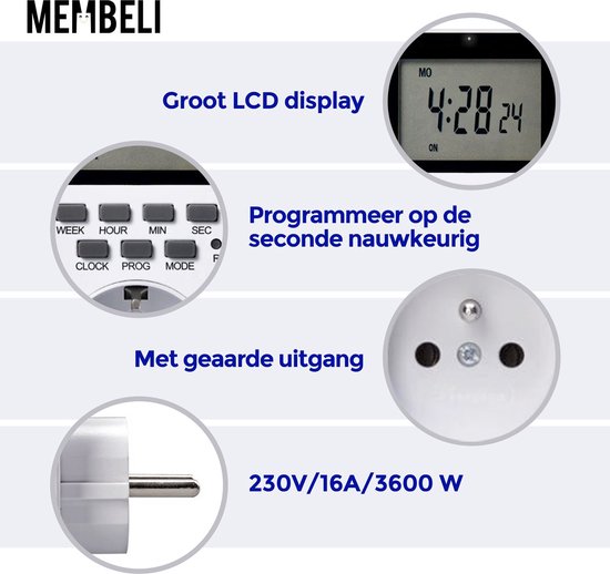Illustratie toont een digitaal display, programmeerbare knoppen, een geaarde uitgang en de specificaties 230V/16A/3600W.