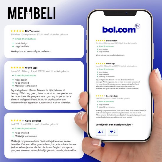 Screenshots van bol.com reviews voor de Membeli tijdschakelaar, met positieve feedback over design en kwaliteit.